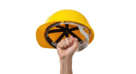 empowering fist raises yellow hard hat symbol of labor strength, isolated on transparent background