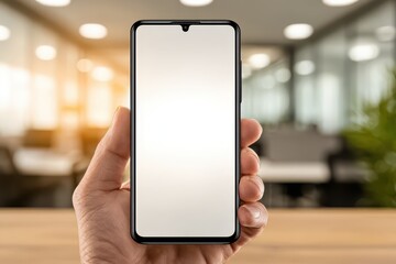 Male hand holding modern smartphone with blank screen in a blurred office.