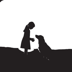 Silhouette of Girl Feeding Dog Outdoors vector illustration