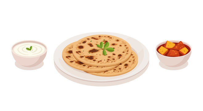 Delicious indian flatbread paratha served with yogurt and vegetable curry