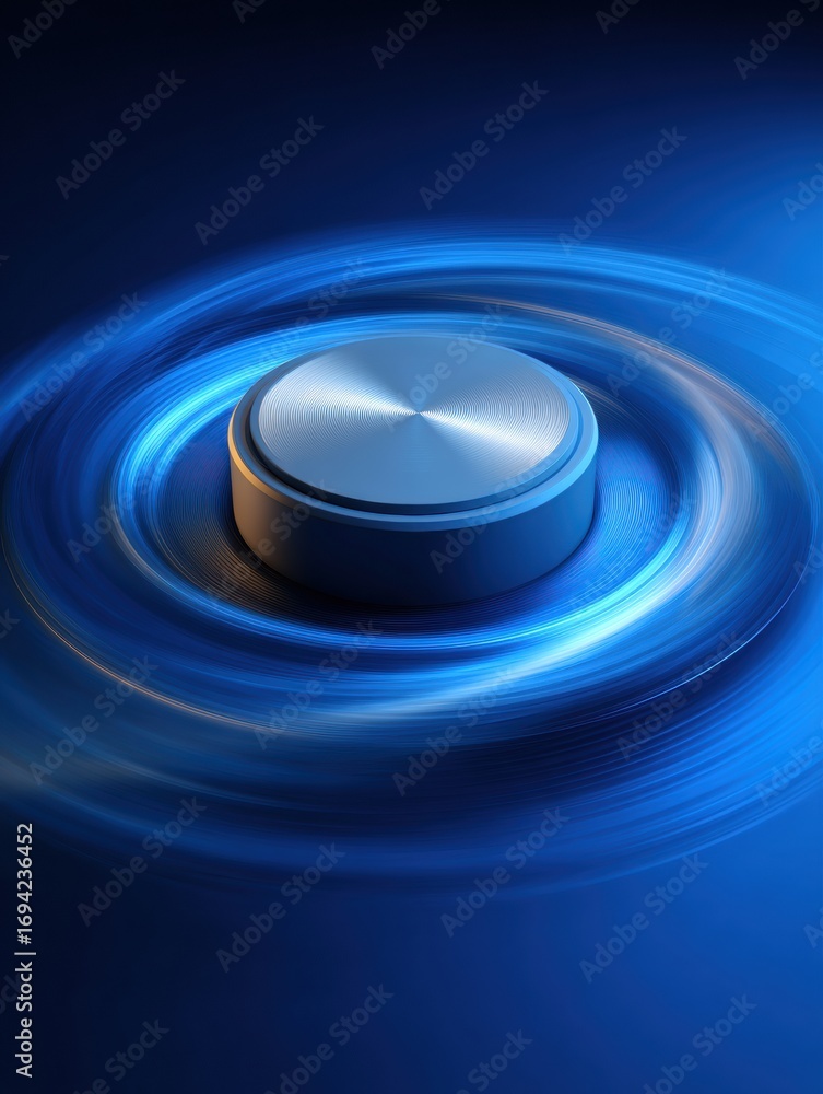 Aufkleber innovative design of a metallic button surrounded by dynamic blue light in a futuristic setting