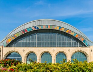 Fototapeta premium Modern building with arched windows and colorful roof