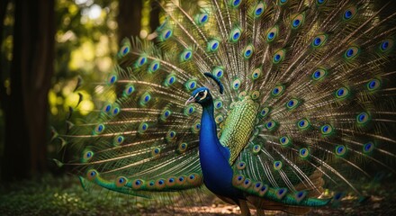Obraz premium Majestic peacock displaying its vibrant feathers in a lush green forest.