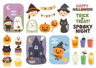 Fototapeta premium ハロウィンのイラスト素材セット、Halloween Character and Decoration Set 