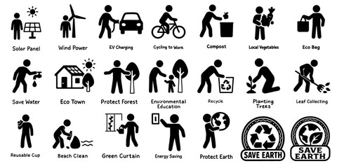 Fototapeta premium サステナブルライフを描いた環境ピクトグラム、Pictograms of Sustainable and Eco-Friendly Living