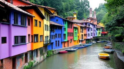 Obraz premium Vibrant Colors of Riverside Houses with Boats in Serene Waterway