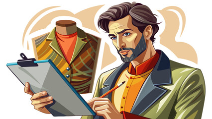  Close-up portrait of male fashion designer holding pencil sketch on clipboard. Isolated white background highlights creativity, elegance, and the modern artistry of clothing design.
