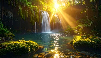 Hidden waterfall cascading into a crystal pool surrounded by luminous moss and soft golden light filtering through trees, magical natural beauty,