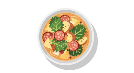 Delicious vegetable soup illustration with slices of sausages in white bowl
