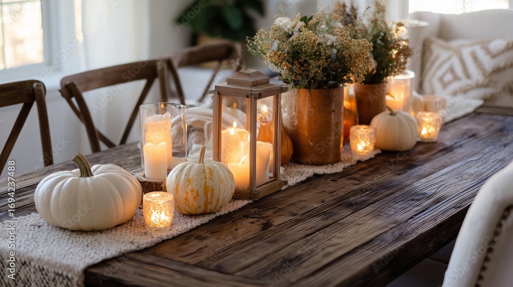 Poster cozy autumn table setting with pumpkins and candles creating a warm atmosphere for a gathering