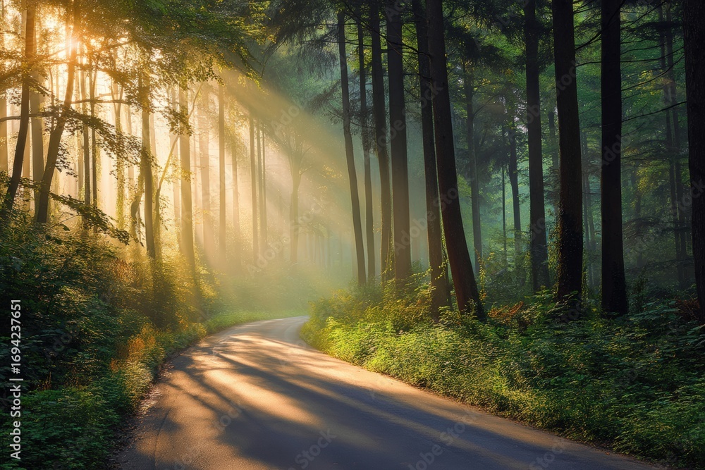 Poster beautiful sun rays filtering through trees illuminating winding empty asphalt road in foggy forest i
