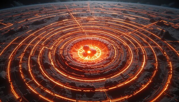 Futuristic energy core emitting vibrant light with glowing circuits on a dark, alien planet surface