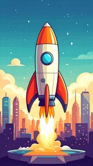 Fototapeta premium a colorful space vehicle lifting off. the slender, cone tipped vessel is white with orange accents and a porthole, with orange flames billowing out from below