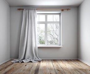 Fototapeta premium A light-filled room with a single window, draped with a flowing gray curtain, showcasing a simple, elegant style.