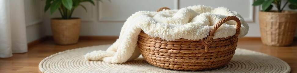 Cozy, woven rug basket overflowing with a soft, plush blanket, perfect for storage and adding a touch of rustic charm to any room Ideal for living rooms, bedrooms, or nurseries , organic, cozy decor