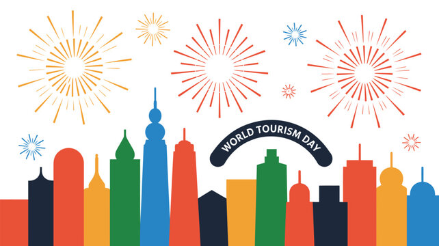 Colorful cityscape silhouette with fireworks and the words world tourism day graphic design element - Powered by Adobe