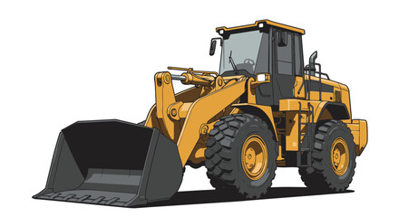 Fototapeta premium Illustration of a yellow wheel loader isolated on white background, showcasing its robust tires, bucket, and cabin, ideal for construction and heavyduty tasks