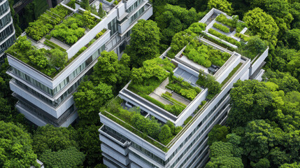 Modern eco friendly buildings with green roofs surrounded by lush trees create harmonious urban environment