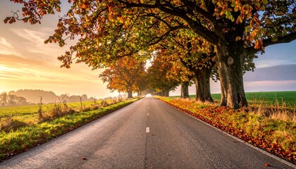 Naklejka premium Autumn road through trees