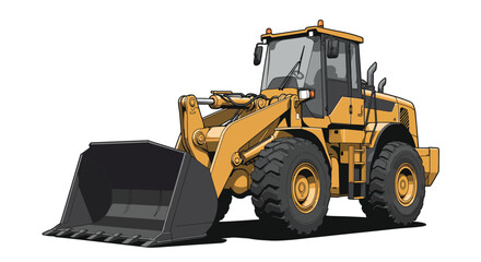 Illustration of a yellow wheel loader isolated on white background, showcasing its robust tires, bucket, and cabin, ideal for construction and heavyduty tasks