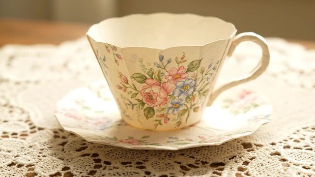 Delicate floral teacup and saucer on lace doily vintage tea party aesthetic