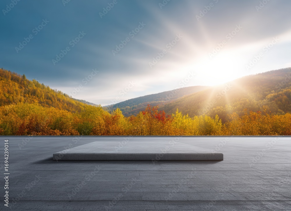 Poster Empty concrete platform overlooking a colorful autumn forest at sunrise, creating a serene and inviting space