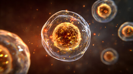 Detailed 3D illustration of a biological cell with an activated glowing nucleus, concept for biotechnology and medical therapy
