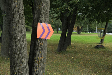 Directional sign or gate marker on a disc golf course. City park. Outdoor interesting game. Leisure...