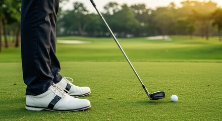 A golfer in dark pants white shoes golf club is set to hit a white golf ball on green grass
