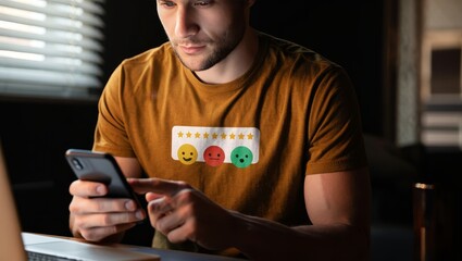 Man using smartphone for online review and rating with customer feedback concept idea