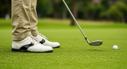 A person is positioned to hit a golf ball with a golf club on a green golf course