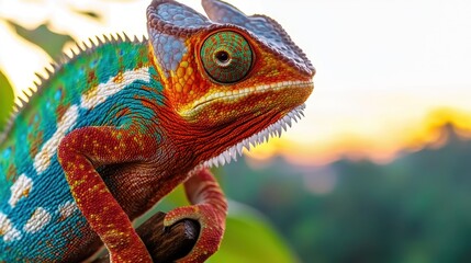 Fototapeta premium Vibrant Chameleon Perched on Branch with Colorful Background