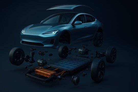 Electric car exploded view showcasing components including battery pack and chassis elements