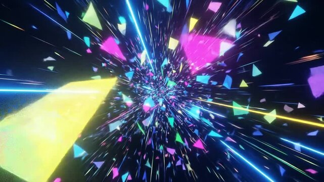 Vibrant, dynamic graphic design featuring a multitude of colorful geometric shapes exploding outward in a tunnel-like structure, highlighted by neon lines.