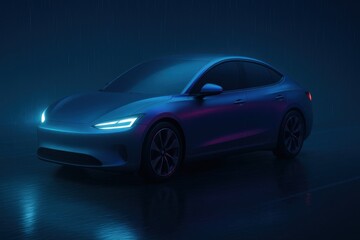 Sleek electric car showcasing its modern design illuminated by vibrant blue lighting