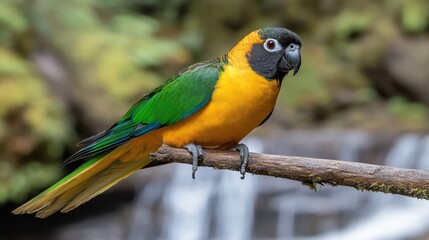 Vibrant Parrot Perched on Branch Near Waterfall in Lush Environment