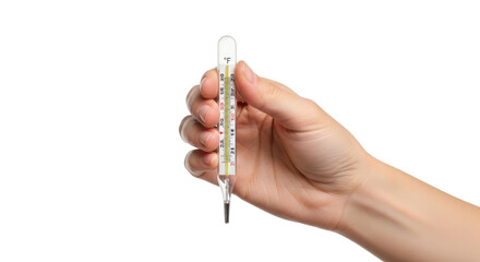 hand holding a glass thermometer checking body temperature, healthcare, and wellness, isolated on transparent background