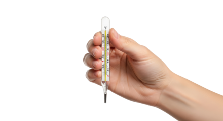 hand holding a glass thermometer checking body temperature, healthcare, and wellness, isolated on transparent background