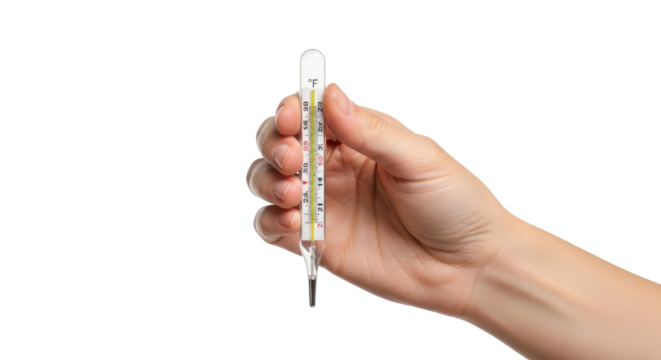 hand holding a glass thermometer checking body temperature, healthcare, and wellness, isolated on transparent background