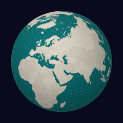 Armenia on the map. Globe centered to Armenia. Country location on the world map. Teal Pale Mint color palette. Globe with countries, meridians and parallels. Trending vector illustration.