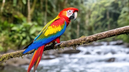 Obraz premium Vibrant Scarlet Macaw Perched on a Branch by a Tranquil River