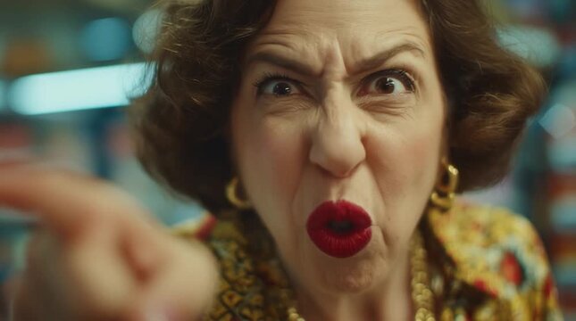 Angry older woman yelling and complaining closeup