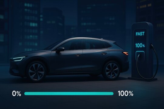 An electric car is charging at a fast charging station in the city at night and battery full - Powered by Adobe