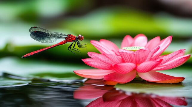 Red Dragonfly Hovering Above Pink Lotus Flower on Serene Water Surface