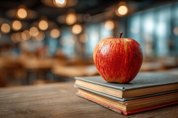 A red apple rests atop a stack of books on a wooden table,  blurred background of a room with lights