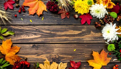 Obraz premium Autumnal Abundance: Vibrant Leaves and Floral Accents on Weathered Wood Surface