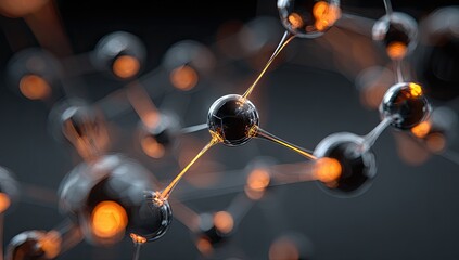 Abstract 3D model of interconnected molecules.  Dark background, glowing orange connections