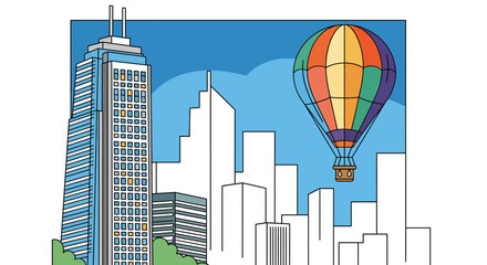 City skyline with skyscraper, colorful hot air balloon, against a bright blue sky, cityscape illustration
