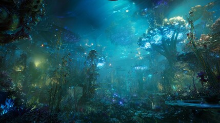 Obraz premium Futuristic alien jungle with bioluminescent plants and glowing wildlife, high-resolution sci-fi fantasy digital artwork concept.