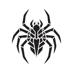 Cyberpunk spider vector illustration. Abstract futuristic insect symbol with geometric lines. Black silhouette for tattoo, decal, or t-shirt print, isolated on white background.
